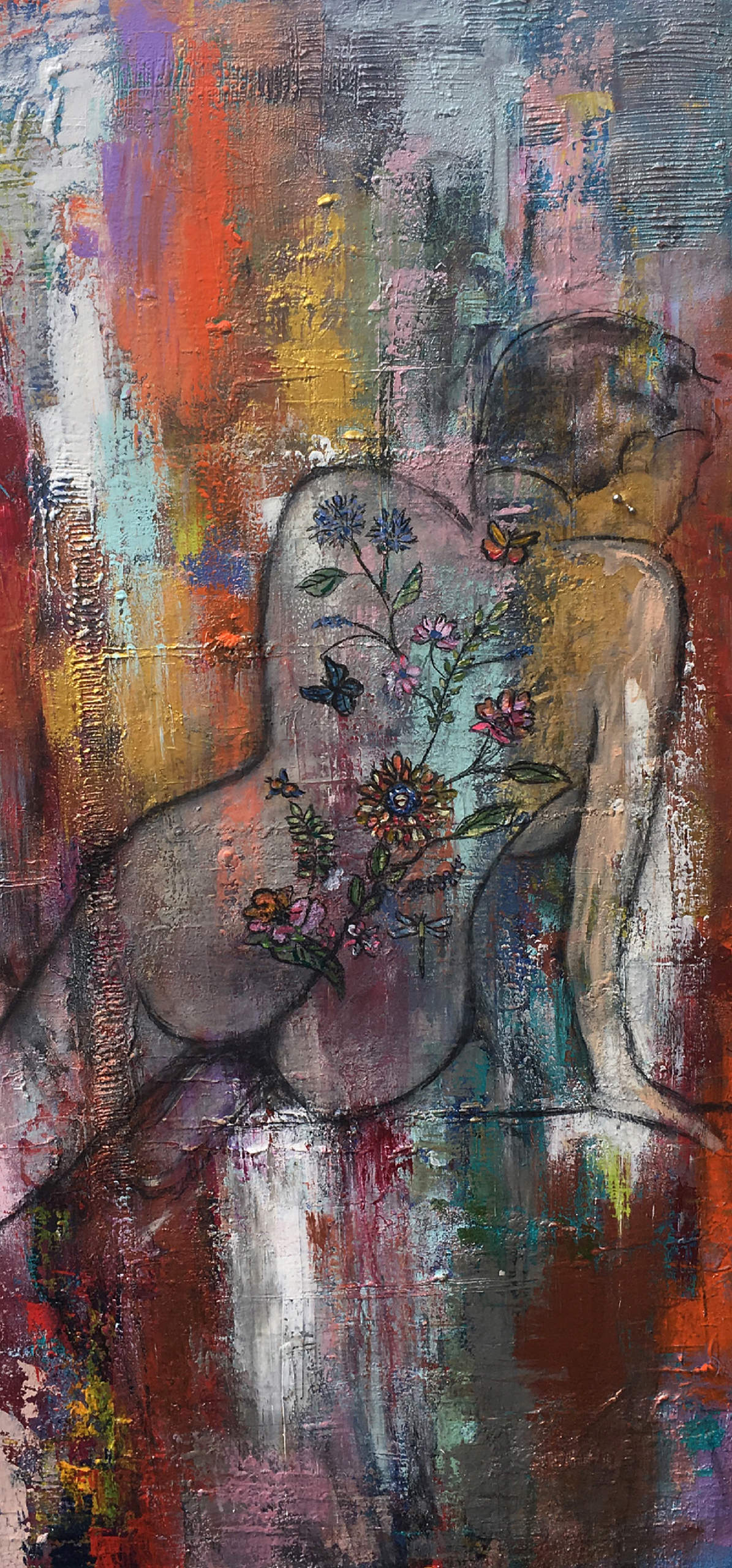 Das Gemälde Weiblicher Akt Haut 3 tättowiert und gepierct Blumentattoo stammt aus einer Serie mit 10 Akten und war Teil der Ausstellung Zwanzig Quadratmeter 2018 in der Kulturbäckerei. Es zeigt eine Frau in Rückenansicht sie hat ein Blumentattoo auf dem Rücken und ein Piercing im Ohr. Der Hintergrund ist bunt aber gedeckt und mit Spachtelmasse strukturiert.