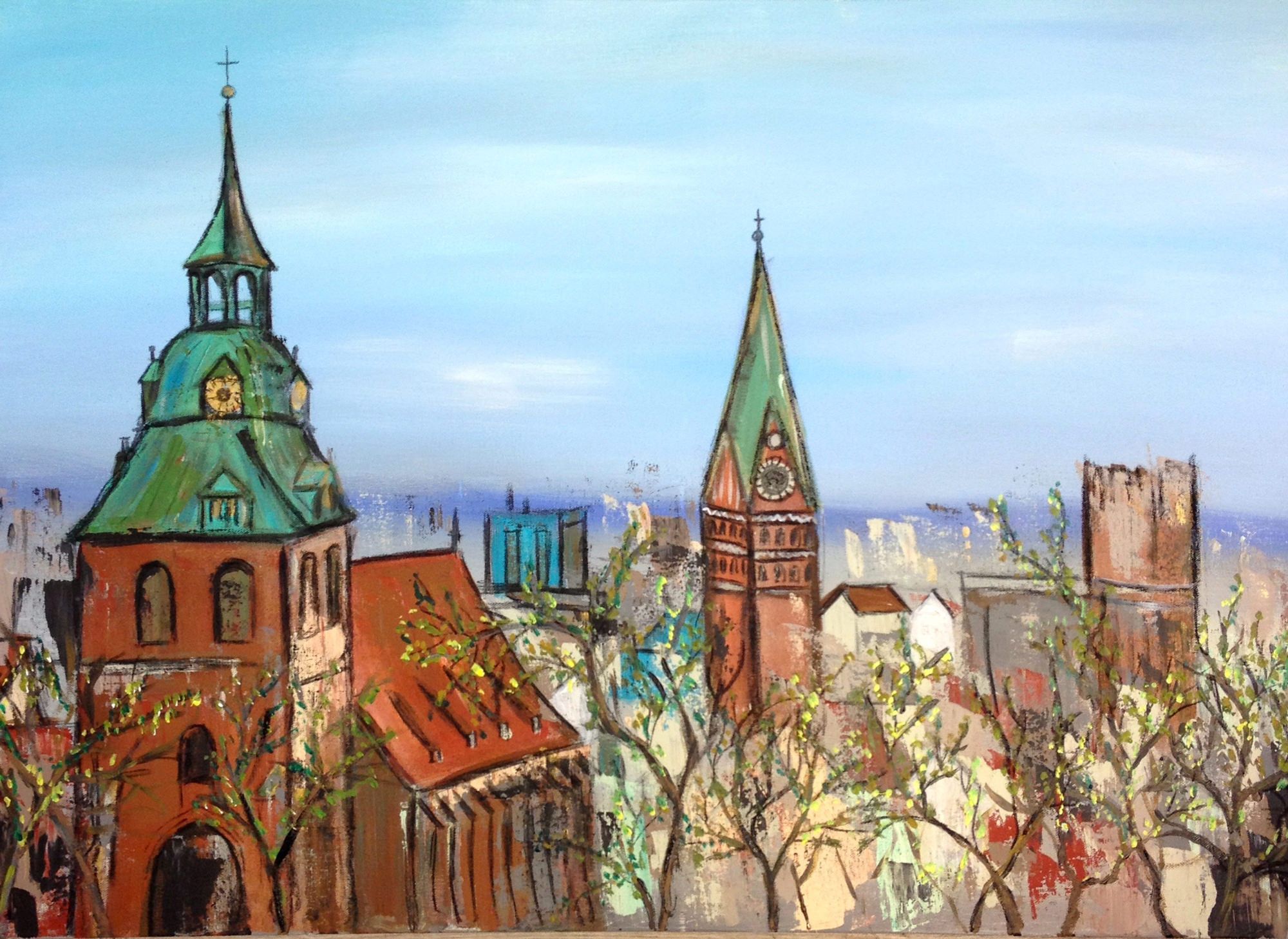 Das Gemälde Frühling über den Dächern in Lüneburg zeigt den Blick vom Lüneburger Kalkberg auf die Stadt bei frühlingshaftem Ambiente. Zu sehen sind der Lüneburger Wasserturm, die Michaeliskirche und die Johanniskirche sowie einie kleinere Gebäude im Hintergrund. Verschiedene Bäume tragen die ersten Frühlingsblätter. Vorherrschende Farben: hellblau, braun, türkis, grün, beige, elfenbein.