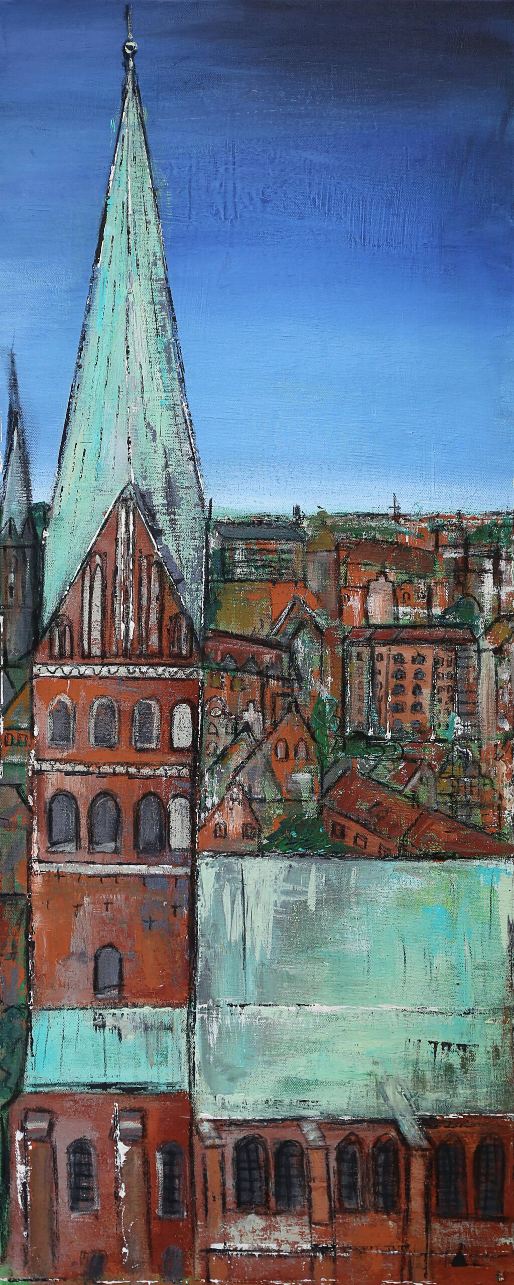 Das Gemälde St. Johanniskirche Lüneburg zeigt Die Johanniskirche Lüneburg in natürlichen Farben vor blauem Himmel. Die Backsteingiebel der Häuser im Hintergrund sind typisch für die Hansestadt Lüneburg.