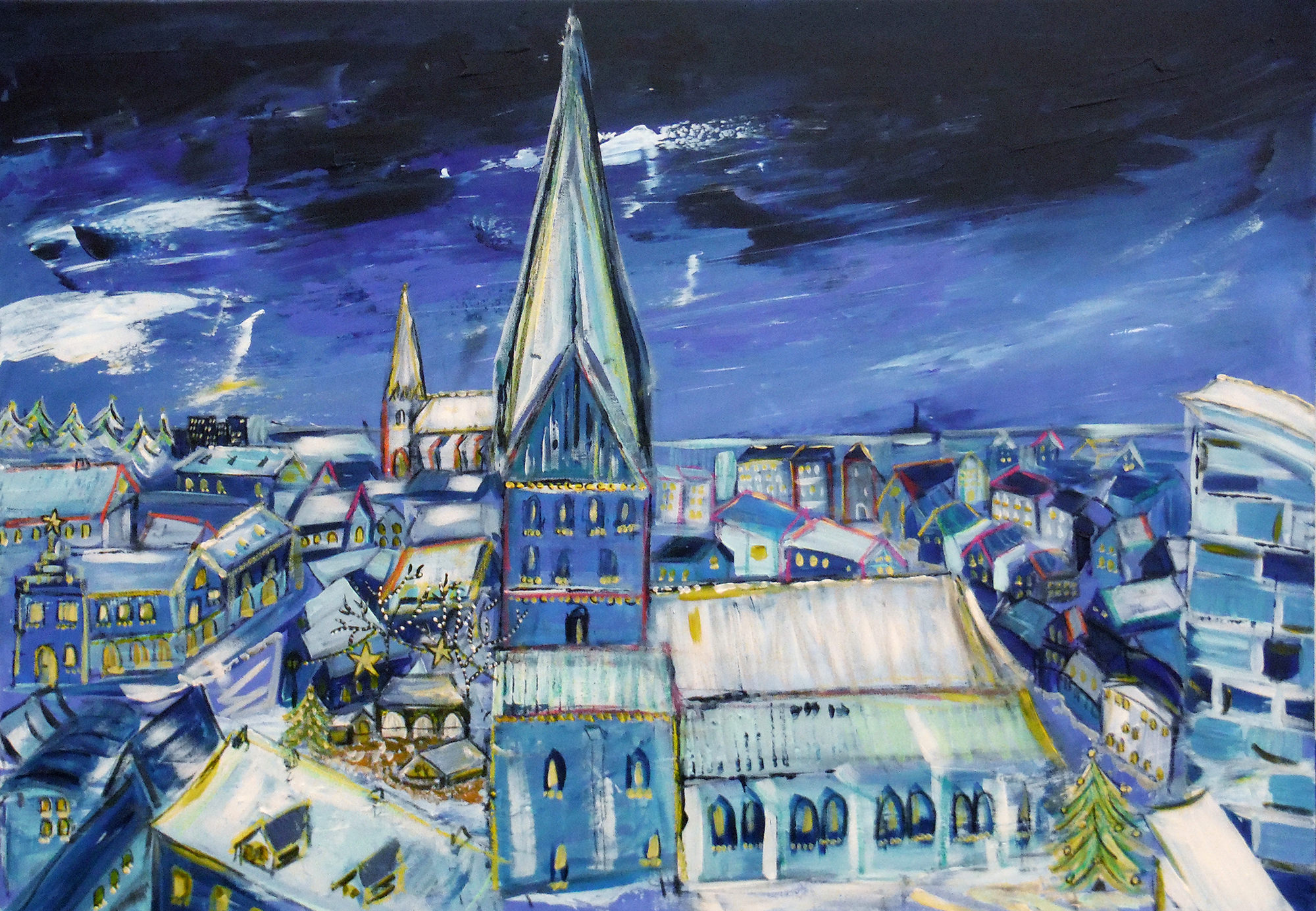 Das Gemälde Lüneburger Weihnachtslichter zeigt unaufdringlich und in angenehmen Blautönen Lüneburg zur Weihnachtszeit mit dem jährlich stattfindenden Weihnachtsmarkt an der St. Johanniskirche. Der Blickwinkel ist von der Plattform des Wasserturmes. Dargestellt ist die Sicht von dort über die Stadt über den Sande bis zur Nicolaikirche und die Stadtgrenze im Norden.