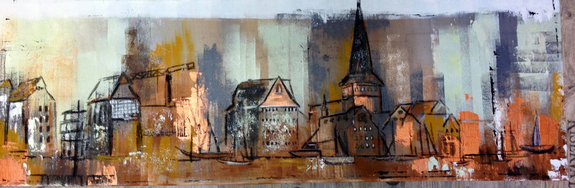 Gemälde Rostock im Herbst, Erdtöne, kupfer, Backstein, Wahrzeichen der Hansestadt, Hafen, Segelschiffe, Neuer Markt, Steintor