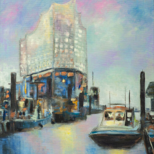 Konzerthaus Elbphilharmonie und Sandtorhafen Hamburg in der sommerlichen Abendsonne (2022/23) 100 x 120 cm, Acryl-Mischtechnik auf LW