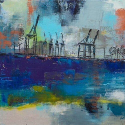 Elbstrand Hamburg mit Hafenkränen (2022/23) 60 x 60 cm, Acryl-Mischtechnik, das Gemälde ist aktuell noch verkäuflich