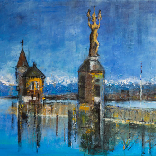 Gemälde "Hafen in Konstanz mit Imperia" von Karin Greife (2024/2025) 100 x 70 cm • Acrylmischtechnik auf Leinwand, aktuell noch als Originalgemälde erhältlich