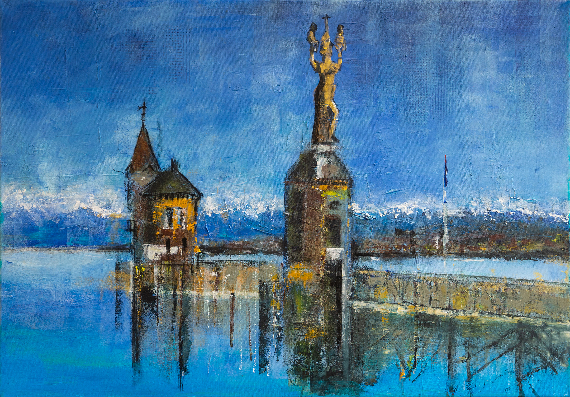 Gemälde "Hafen in Konstanz mit Imperia" von Karin Greife (2024/2025) 100 x 70 cm • Acrylmischtechnik auf Leinwand, aktuell noch als Originalgemälde erhältlich