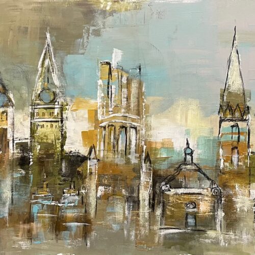 Gemälde "Lüneburg-Sinfonie im Mondenschein" von Karin Greife (2024) 140 x 70 cm, Acryl auf Leinwand