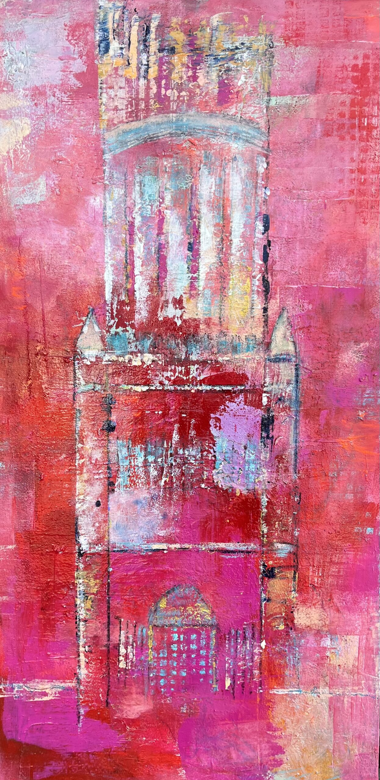 Gemälde "Wasserturm Lüneburg in der Sonne" von Karin Greife (2025) 50 x 100 cm, Acryl-Mischtechnik, aktuell noch als Originalgemälde erhältlich