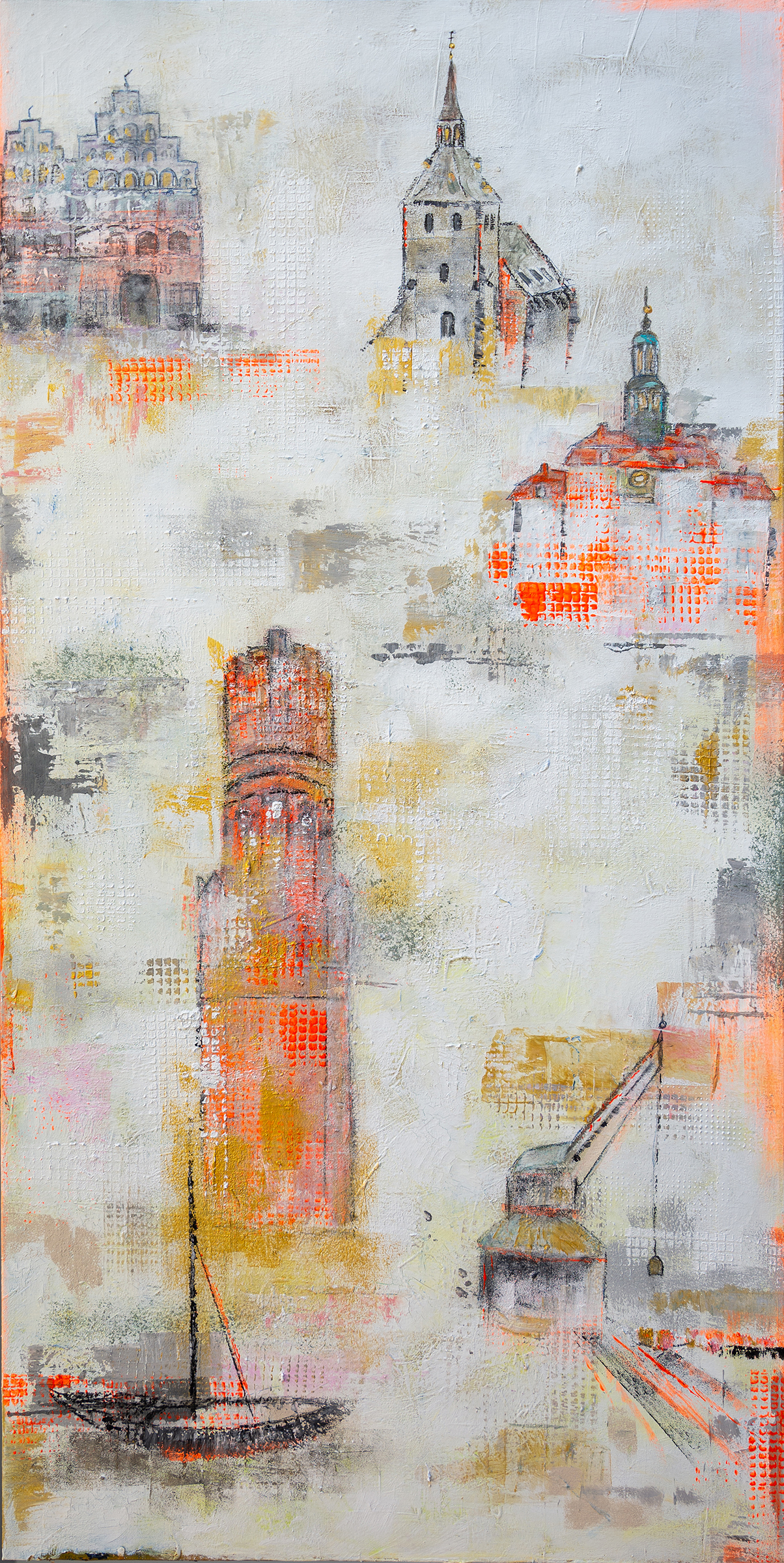 Gemälde "Frischer Wind in Lüneburg" von Karin Greife (2025) 70 x 140 cm, Acryl-Mischtechnik, aktuell noch als Originalgemälde erhältlich