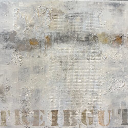 Gemälde/ Installation "Treibgut II" von Karin Greife (2024/2025) 100 x 80 cm Acryl-Installation auf Leinwand von Karin Greife
