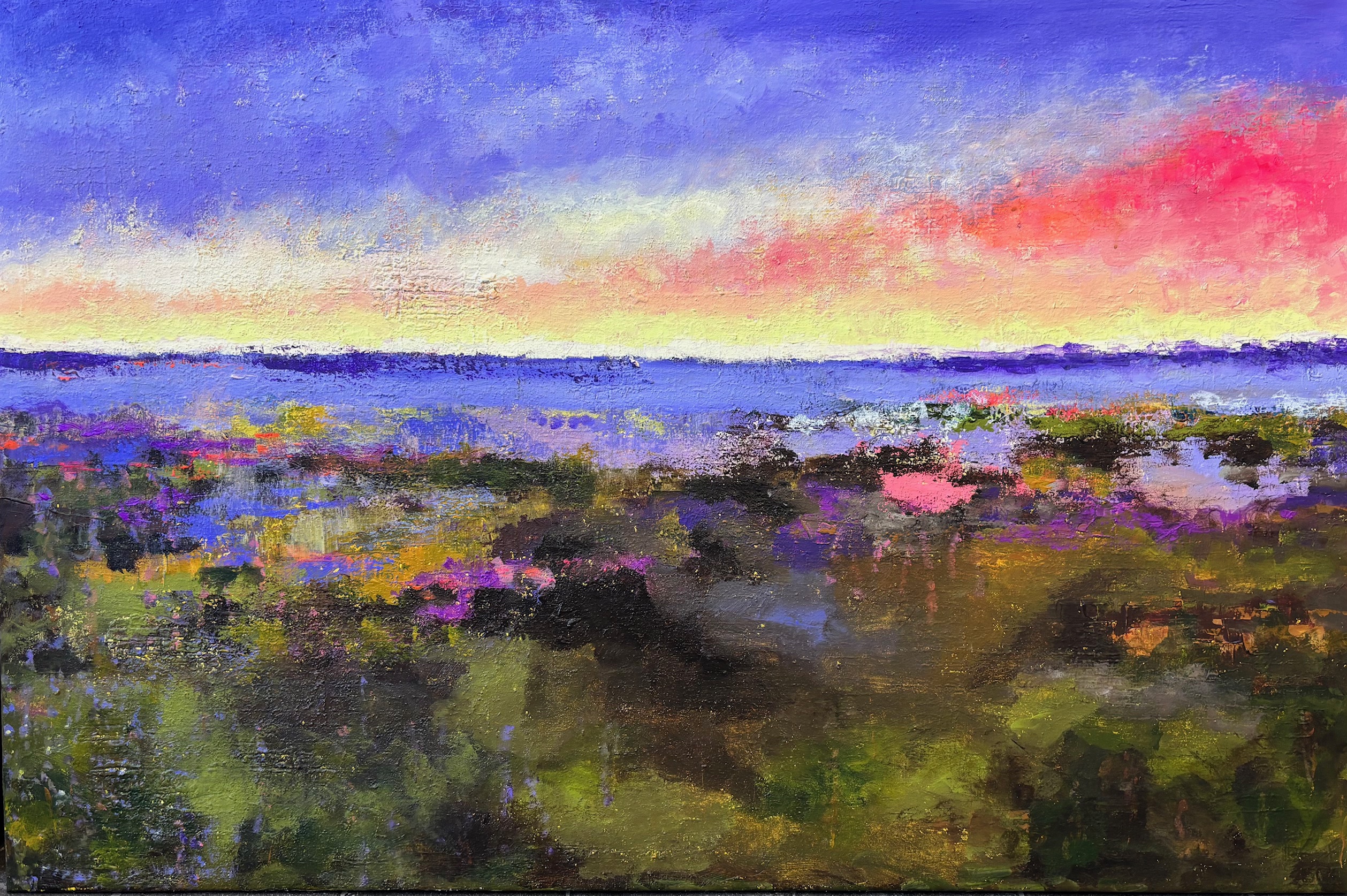 Gemälde "Die Heide blüht" von Karin Greife (2024/2025) 120 x 80 cm, von Karin Greife, Acryl-Mischtechnik auf Leinwand, aktuell noch erhältlich
