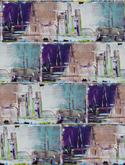 Abstraktes Panorama der Stadt Hamburg in Violett- und Blautönen mit angedeuteten alten und modernen Gebäuden, hier als Collage abgebildet