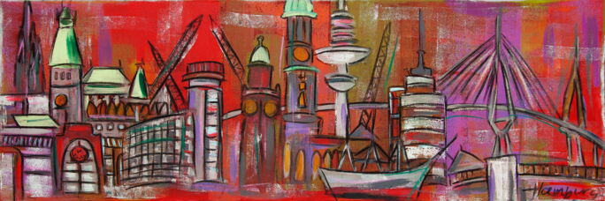Kunstdruck Hamburg Skyline in fröhlichen Farben mit Millerntor, Hafen, Alster, Schiff, Köhlbrandbrücke etc. vor rotem Hintergrund