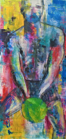 Das Bild zeigt einen jungen, muskulösen Mann mit nacktem Oberkörper und kurzer Hose mit einem grünen Ball. Das Bild ist in kräftigen Farben gemalt.