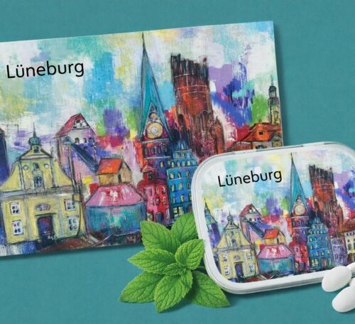 Pfefferminzpastillen (mit Zucker) 23 g in schöner Dose mit Lüneburg-Motiv und A6-Postkarte mit gleichem Lüneburg-Motiv - Ansicht 1