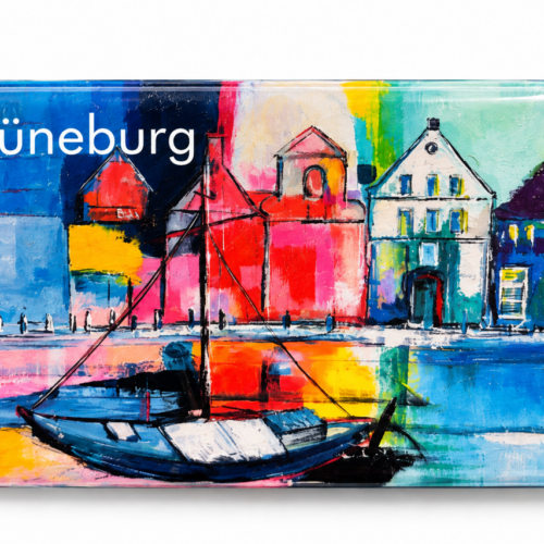 Rechteckiger Magnet (7 x 4,5 cm) & A6-Postkarte, Motiv "Lüneburg-Boot"