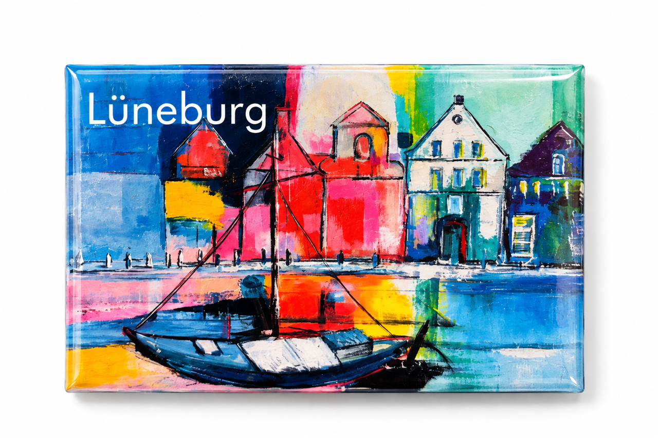 Rechteckiger Magnet (7 x 4,5 cm) & A6-Postkarte, Motiv "Lüneburg-Boot"