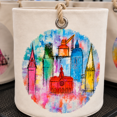 Windlicht aus Segeltuch mit Lünebuch-Motiv (14 cm Höhe) inkl. A6-Postkarte, Motiv "Frühling in Lüneburg"