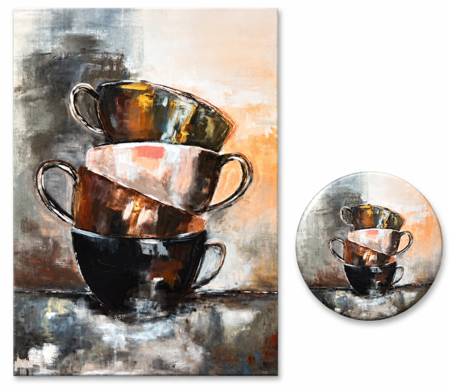 Runder Magnet (5,5 cm Durchmesser) & A6-Postkarte, Motiv "Coffee Time"