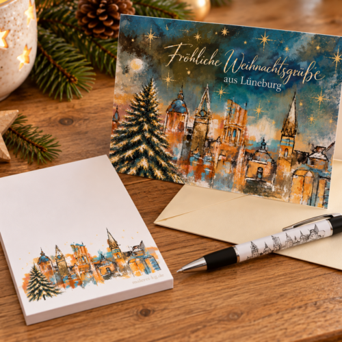 Notizblock mit Lüneburg-Weihnachtsmotiv, Kugelschreiber Motiv „Lüneburg -Skyline“ und A6-Weihnachtskarte mit Umschlag
